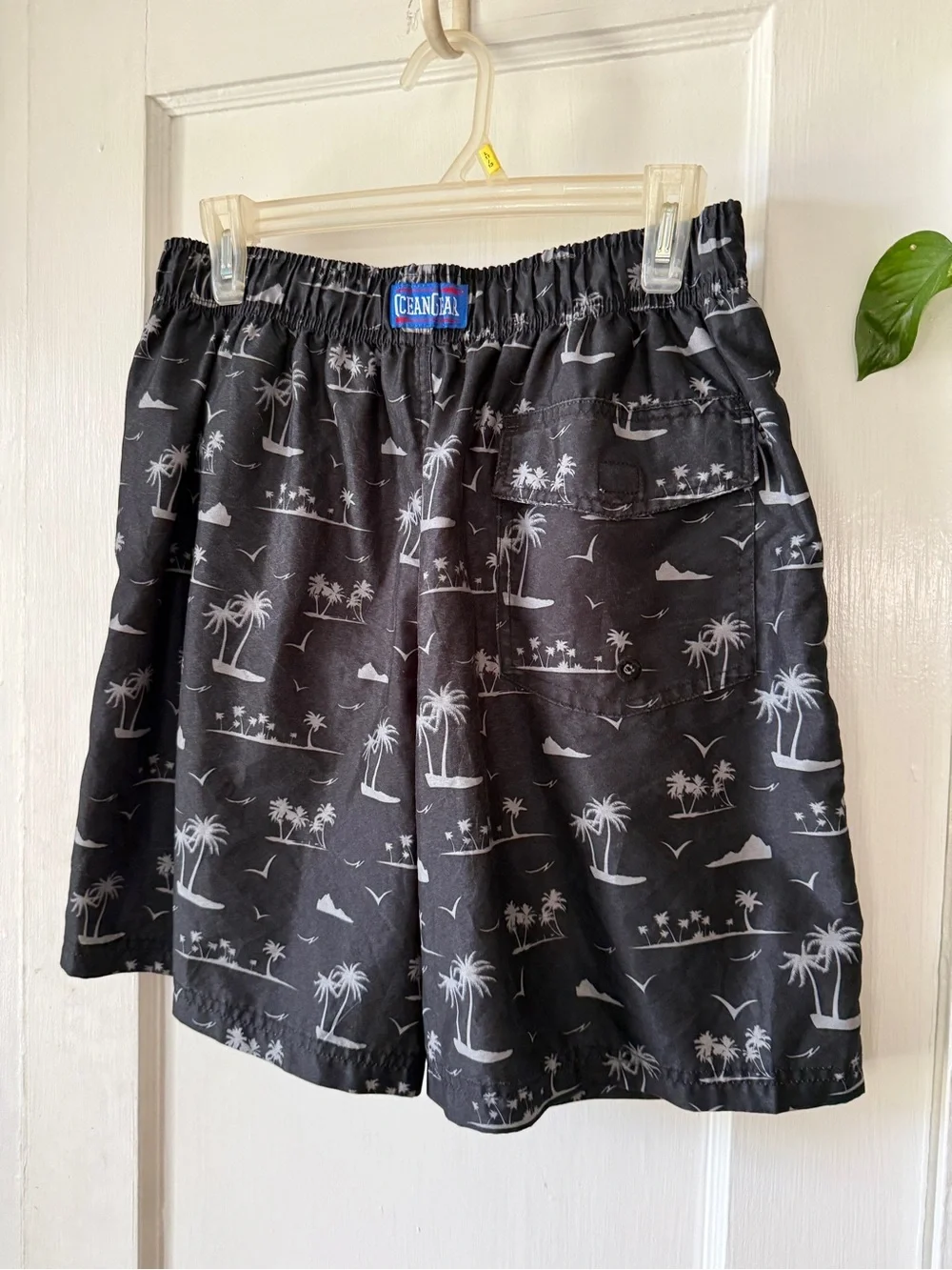 Ocean Gear Coastal Print Elastic Waist Shorts - Black with Gray Palm Pattern